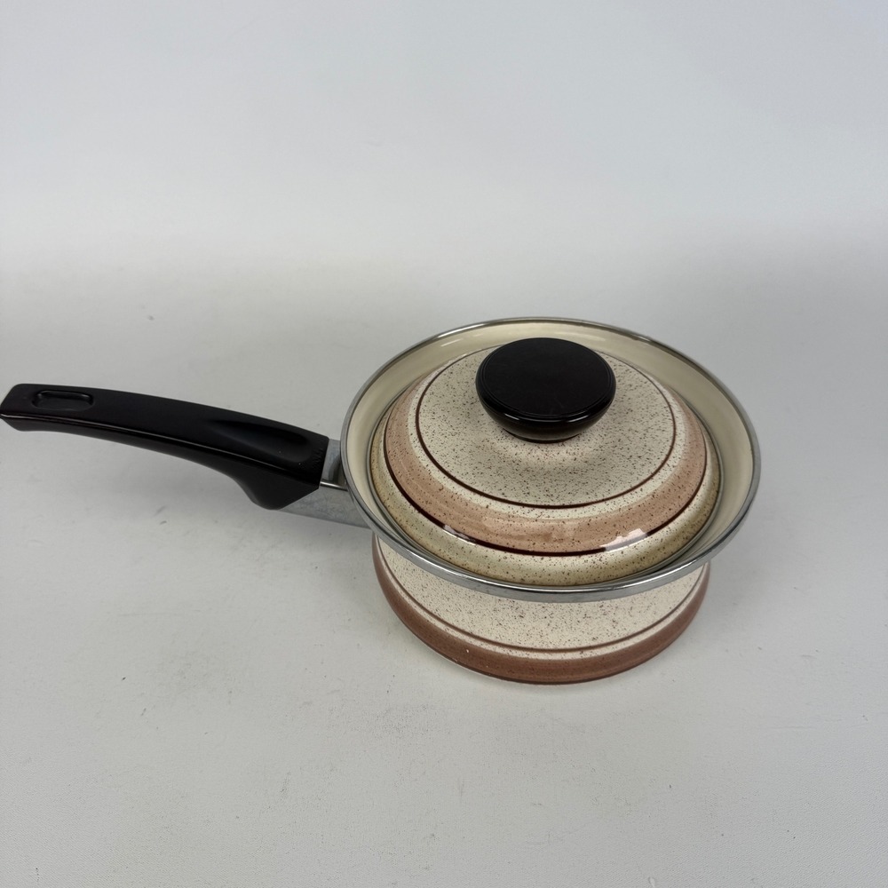 Vintage Almond Flair Porcelain on Steel Saucepan with Lid Speckled Brown Japan